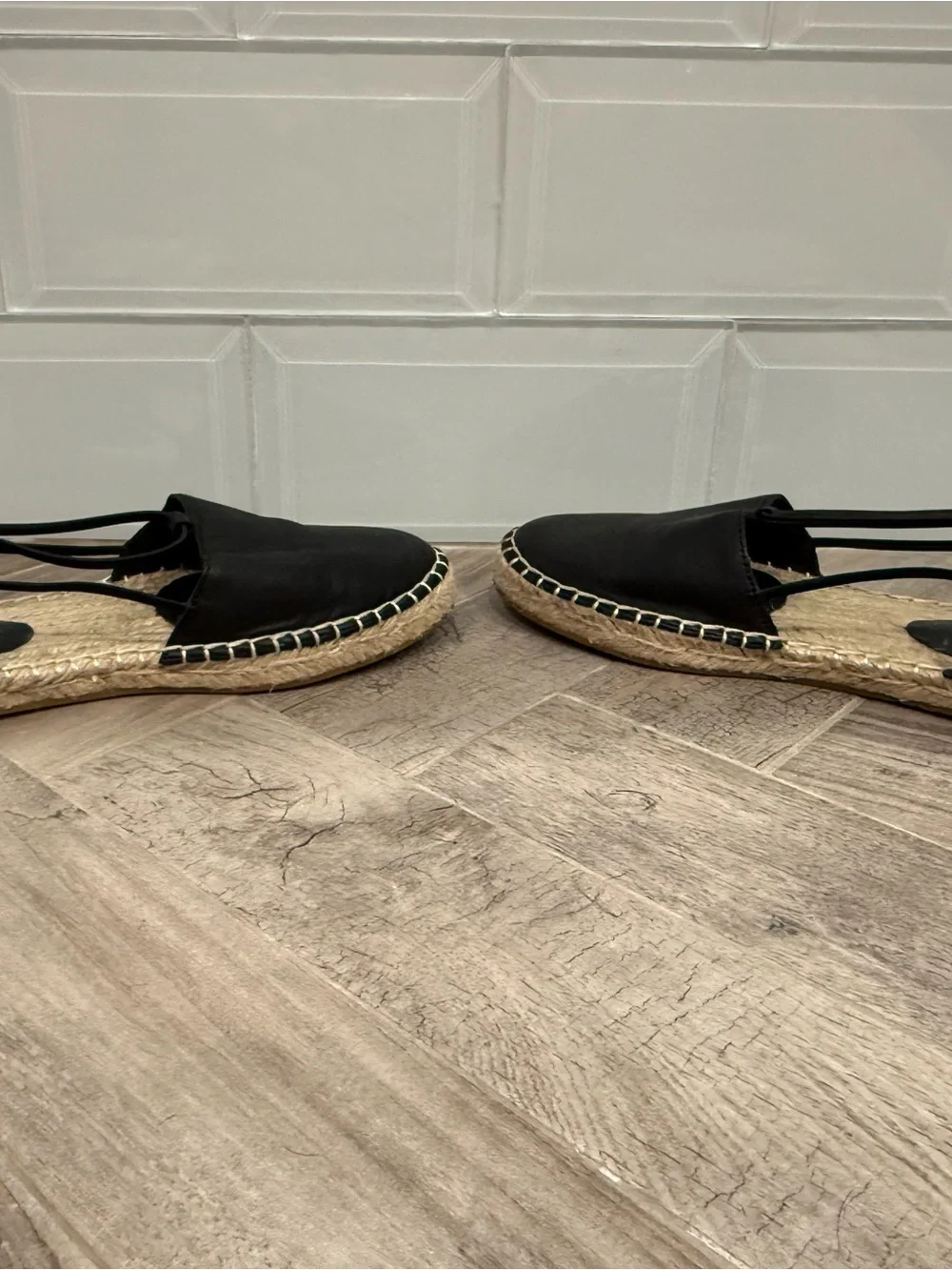 Eileen Fisher Black Leather Espadrille Flats with Elastic Ankle Strap